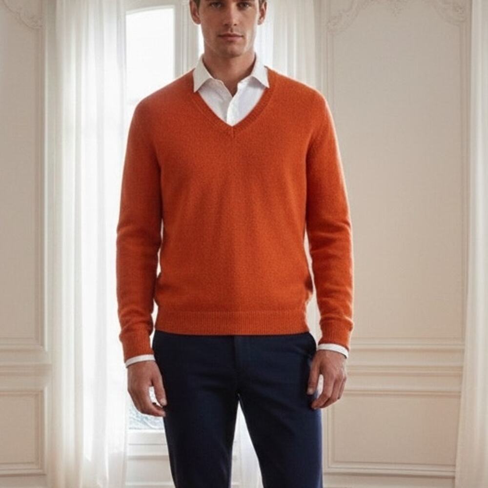 Brooks Brothers Rust Orange Lambswool V Neck Pullover Sweater Lg
